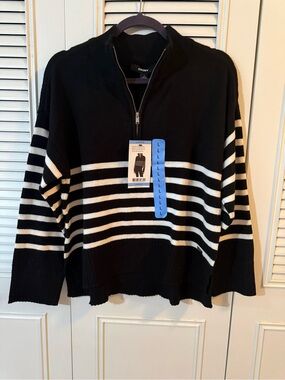 DKNY Black and White Striped Zip-Up Sweater
